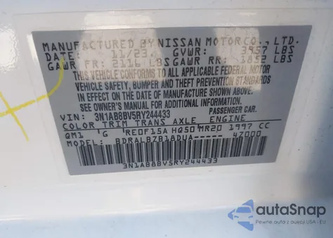 2024 Nissan Sentra S Xtronic Cvt из США, поврежденный, VIN 3N1AB8BV5RY244433